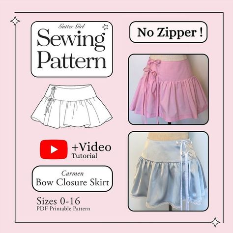 Small Cute Sewing Patterns, No Zipper Skirt Pattern, Sewing Projects With Cotton Fabric, Free Sewing Patterns Vintage, Miniskirt Pattern Sewing, Self Made Clothes Diy, Coquette Top Sewing Pattern, Unique Sewing Ideas, Sewing Projects Skirt