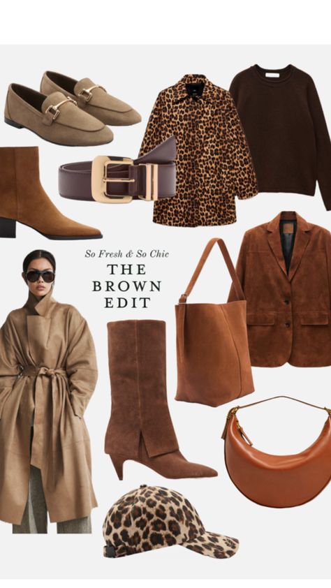 A selection of brown fall fashion for women. Brown suede boots. Brown suede bag, leopard print coat, brown suede coat, leopard ball cap, knee high suede boots, suede wrap coat, fall fashion finds, mango, Nordstrom rack Brown Suede Boots Outfit, Loafers Horsebit, Brown Wool Sweater, Tie Belt Coat, Brown Edit, Suede Boots Outfit, Brown Boots Outfit, Chocolate Brown Boots, Belt Coat