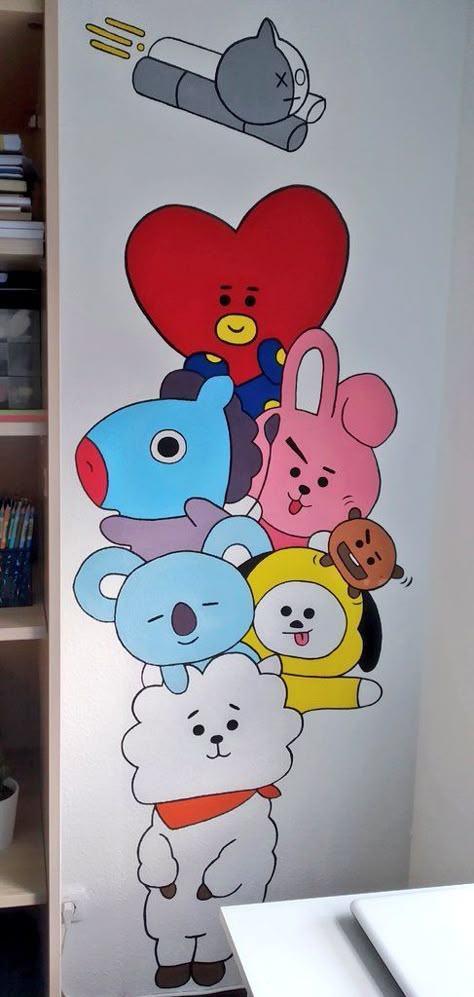 Cute Drawing For Wall Decor, Diy Room Wall Painting Bedrooms, Cartoon Painting On Wall, Cute Wall Painting Ideas Aesthetic, Bts Rangoli Designs, Drawing Ideas On Wall, Room Wall Painting Ideas Aesthetic, Bt 21 Drawing, Aesthetic Drawings To Put On Your Wall