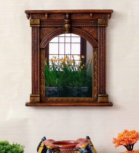 Discover unique #mirrorideas to elevate your #homedecor. Find the perfect reflection of style. Jharoka Wall Decor, Jharokha Design, Jharokha Wall Decor, Luxury Wall Decor, Wall Photo Frame, Traditional Mirror, Window Panes, Royal Palaces, Wooden Wall Panels