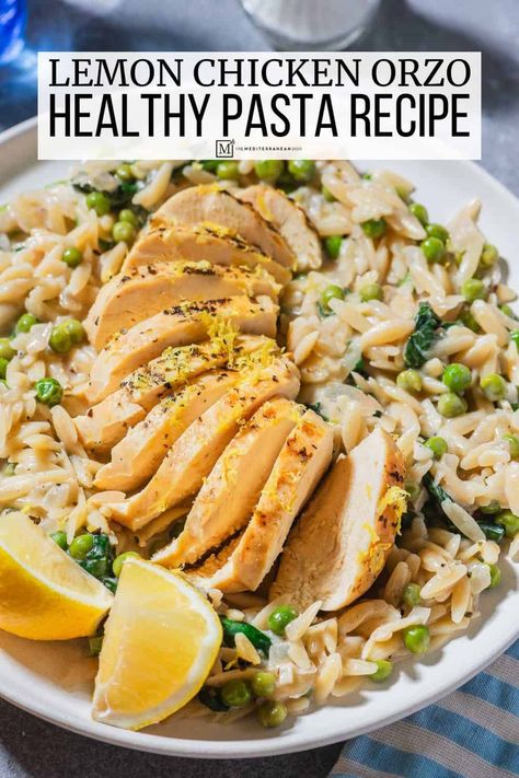 Lemon chicken orzo with peas, spinach, oregano, and lemon. This easy, healthy lemon chicken orzo pasta uses one pan and no heavy cream. Lemon Chicken Orzo Pasta, Orzo Recipes Healthy, Orzo With Peas, Chicken Orzo Pasta, Healthy Lemon Chicken, Skillet Food, No Heavy Cream, Lemon Chicken Orzo, Ricotta Stuffed Chicken