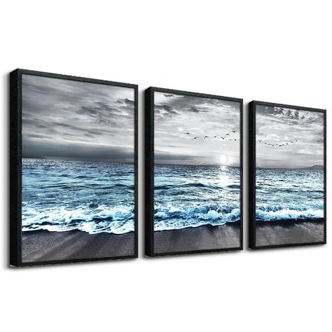 PRICES MAY VARY. 【FRAMED CANVAS WALL ART SIZE】Size Is :16x24inch (40x60cm)(Including The Outer Frame), total 3 Panels. Black Framed Wall Decor Art Wood Frame wall art. 【PREMIUM QUALITY】Select Natural Wood Framed, High Definition Giclee Picture.High Quality Canvas Stretched Over A Real Wooden Frame,Which Is More Textured, More Advanced. More Beautiful.Metal Hanging Hook Is Already Attached To The Frame Ready To Hang.High-Grade And Gorgeous Artwork, As A Unique Wall Decoration Art Style, Will Beco Wave Pictures, Spa Wall Decor, Wall Decor Black And White, Ocean Landscape Painting, White Wall Paint, Art For Living Room Wall, Decor Black And White, Family Wall Decor, Modern Wall Decor Art