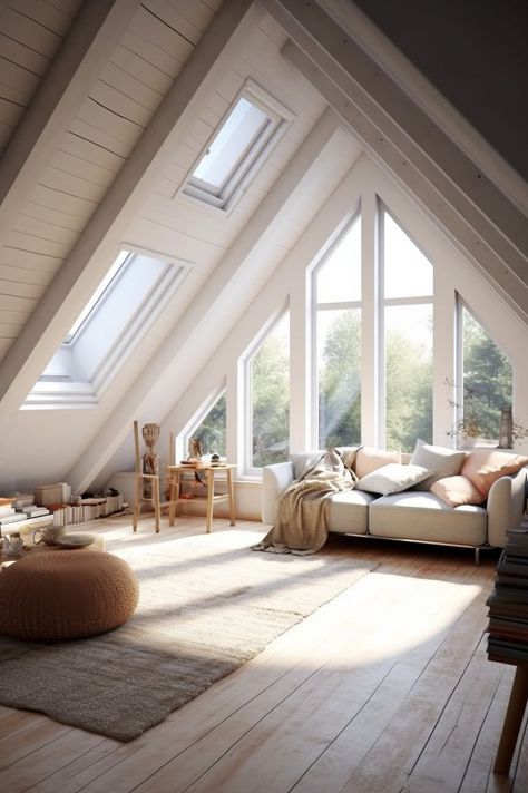 Pitched Roof Attic Conversion, Roof Loft Ideas, A Frame Bonus Room, French Attic Apartment, Attic Open Space, Attic Window Ideas, Attic To Bedroom Conversion, Attic Master Suite Angled Ceilings, Attic Apartment Ideas