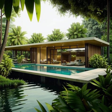 Villa Design Ideas. Be inspired by elegance and natural harmony in your future home with my conceptual ideas. Create your own piece of paradise that blends seamlessly with the surrounding nature. My concept combines modern minimalism with traditional elements, using only natural materials and environmentally friendly technologies. After purchase you will receive images and a description. You can use my ideas to create your own villa. I can also create a cutom design for you, write to me to find Tropical House Design Philippines, Minimal Villa Design, Modern Tropical Interior Design, Jungle Villa, Balinese Villa, Villa Designs, Modern Hacienda, Tropical Villa, Pool Guest House