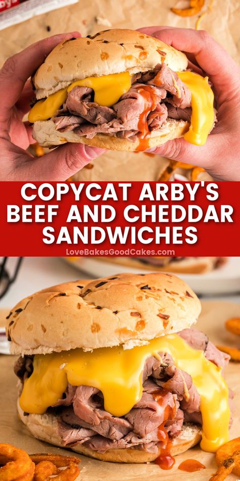 Copycat Arby's Beef and Cheddar Sandwiches pin collage Copy Cat Arbys Beef N Cheddar, Pot Luck Sandwich Ideas, Best Takeout Food, Kneaders Sandwiches, Hot Sandwiches Ideas, Foods You Can Make At Home, Arbys Beef And Cheddar Crockpot, Arbys Beef And Cheddar Easy, Roastbeef Sandwich Cold