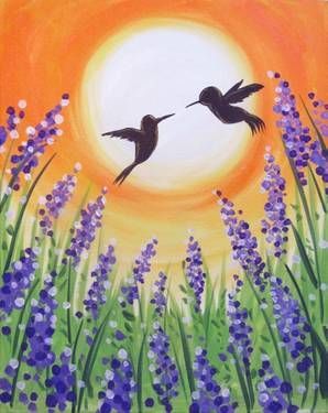 2 huming birds flying in the sky Sharpie Art Projects, Tasty Pizza, Speakeasy Bar, Paint Nite, Delicious Drinks, Acrylic Painting For Beginners, Spring Painting, Small Canvas Art, Simple Acrylic Paintings