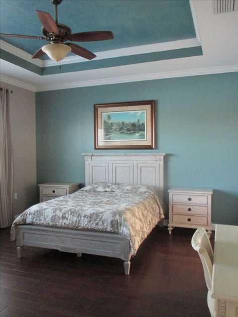 paint ideas for bedrooms with tray ceiling | wall in Sherwin Williams "Underseas". Tray ceiling faux painted ... Bedroom Tray Ceiling Paint Ideas, Tray Ceiling Paint Ideas, Tray Ceiling Paint, Ceiling Paint Design, Bedroom Tray Ceiling, Tray Ceiling Bedroom, Bedrooms Modern, Ceiling Paint, Modern Duvet