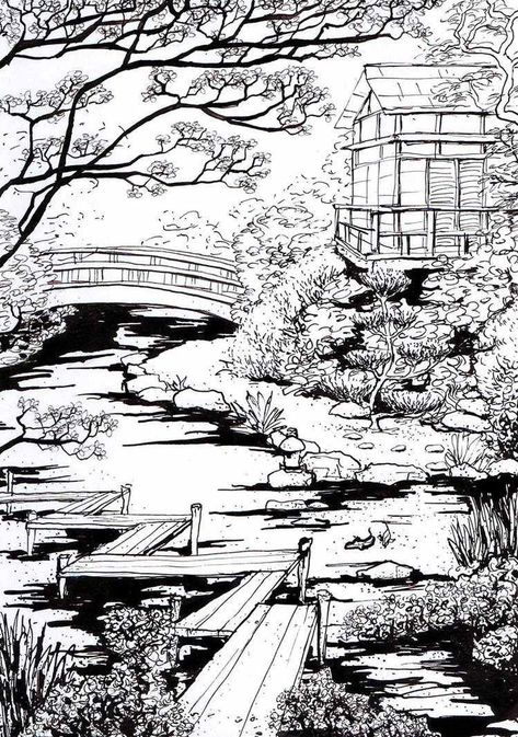 Garden Landscape Drawing, Nature Drawing Pencil, Japanese Architecture Drawings, Pixie Haircuts For Thick Hair, Drawing Japanese, Japanese Drawing, Japan Nature, Japanese Background, Japanese Garden Landscape