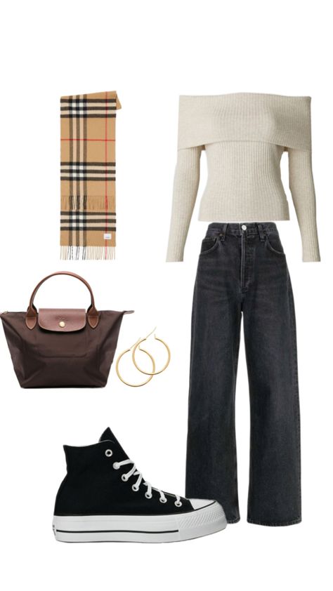 fall outfit Long Champ Bag Outfit, Burberry Bag Outfit, Burberry Scarf Outfit, Long Champ Bag, Long Champ, Scarf Outfit, Burberry Scarf, Black Jean, Converse Black