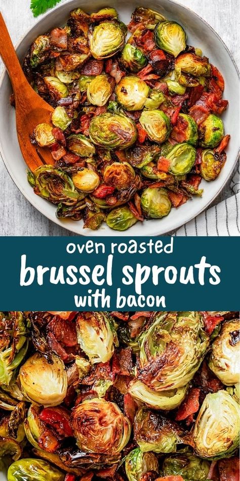 Roasted Brussels sprouts paired with crispy bacon make a classic side dish. These Brussels sprouts are caramelized to perfection and simply seasoned with salt and pepper. Oven Roasted Brussel Sprouts, Roasted Brussel Sprouts Oven, Baked Brussel Sprouts, Brussel Sprouts With Bacon, Recipes Side Dishes, Brussels Sprouts With Bacon, Brussel Sprout Recipes Roasted, Roasted Sprouts, Homemade Snickers