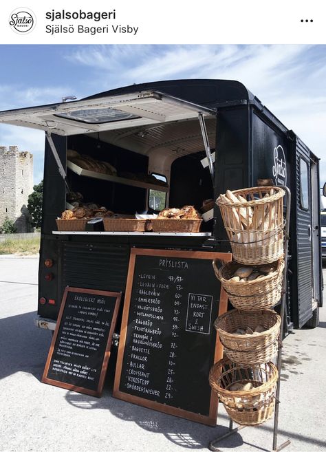 Food Truck Bakery | Visby, Gotland Food Truck Coffee Ideas, Trailer Turned Food Truck, Rustic Food Truck Design, Pastry Truck Ideas, Trailer Bakery Ideas, Mobile Snack Truck, Pastry Food Truck Ideas, Catering Van Ideas, Bakery Trailer Ideas