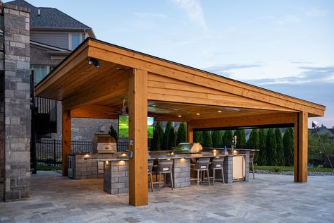 Pergola Over Outdoor Kitchen, Commercial Outdoor Kitchen, Concrete Hardscape, Michigan Landscaping, Solar Pergola, Outdoor Bar And Grill, Carport Patio, Covered Outdoor Kitchens, Modern Pool House