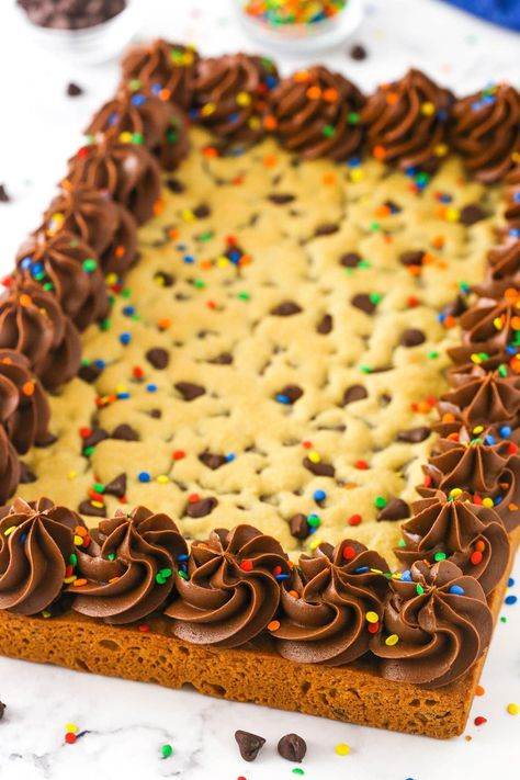 Thick Cookie Cake, Chocolate Chip Cookie Sheet Pan, Cookie Cake Sheet Pan, Cookie Cake Recipe Sheet Pan, Chocolate Chip Cookie Cake Birthday, Sheet Pan Cake Recipes, Cookie Cake Frosting, Sheet Pan Cookie Cake, Decorated Cookie Cake