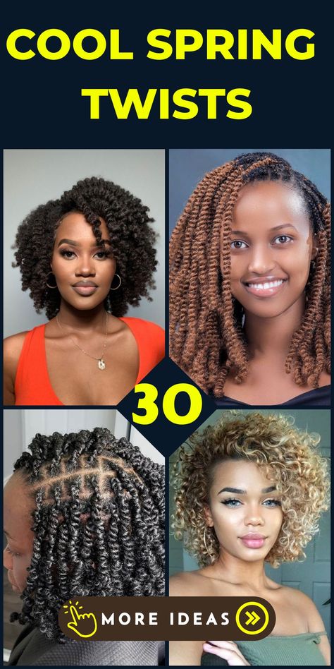 Welcome the season with spring twists, a hairstyle that celebrates the beauty of natural hair. These twists are perfect for all lengths, from short to long, and can be adapted into various styles, including crochet braids hairstyles and jumbo twists. Whether you prefer braids short or long, spring twists offer a fresh and stylish look. Spring Curls Crochet, Spring Twist Crochet Hairstyles, Spring Twist Hairstyles Medium, Styling Spring Twist Braids, Spring Twist Crochet Braids Hairstyles, How To Style Spring Twists Braids, Short Spring Twist Hairstyles, Medium Spring Twist, Spring Twist Braids Short