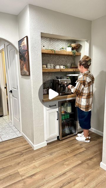 Hannah's Happy Home on Instagram: "Closet -to- Coffee Bar!☕️ We’ve been working at turning this closet in our kitchen into a Coffee Bar / beverage area! We love how this project turned out, if you want to see all the details then don’t miss my latest YouTube video! . . . #coffeebar #kitchenmakeover #houseproject #coffeebardecor #athomecoffee #homerenovation #homereno #homerenovations #kitchendesign #kitchendecor @gevi_household @newairusa @loweshomeimprovement @flooranddecor" Closet To Coffee Station, Wet Bar Turned Coffee Bar, Closet Turned Beverage Bar, Wardrobe Turned Into Coffee Bar, Coffee Pantry Bar, Coffee Bar Ideas With Fridge, In Pantry Coffee Bar, Butler Bar Ideas, Bar In A Closet Ideas