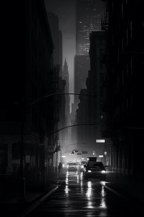 Introducing our stunning, instant-download image capturing the essence of New York City's rainiest streets! This unique artwork transports you to a bygone era, immersing you in a noir atmosphere with a photo-realistic touch. Gaze upon the misty, chiaroscuro-filled scene and let your mind wander through the puddle-laden streets and past the hazy corners of this urban jungle. The dramatic interplay of light and dark expertly captures the true ambiance of NYC under a veil of rain. Dusty piles and shadowy figures blend effortlessly with the misty atmosphere, creating an air of mystery that's sure to leave a lasting impression. Add a touch of timeless elegance and sophistication to your home or office with this striking, noir-inspired piece. Bring the captivating allure of New York City into yo Noir City Art, Urban City Photography, Dark New York, Black And White Rain, Noir City, Chiaroscuro Lighting, Noir Photography, Rainy Street, Chiaroscuro Art