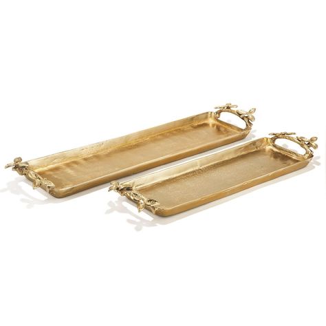 Set of 2 Gold Decorative Trays with Leaf Detail Handles Home Entertaining, Gold Tray, Plaid Throw Blanket, Aluminum Tray, Plaid Throw, Safe Cleaning Products, Silver Flatware, Elegant Sets, Gold Monogram