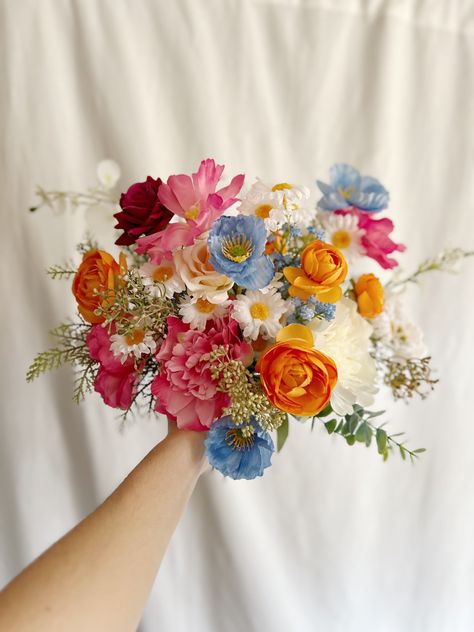 Pink Orange Flower Bouquet, Summer Bridesmaids Bouquets, Wedding Flowers Blue And Orange, Small Bridal Bouquets Colorful, Blue And Orange Spring Wedding, Summer Bridal Bouquet Bright Flowers, Summer Flower Arrangements Wedding, Summer Wedding Bouquets Bride, Blue Orange And Pink Wedding