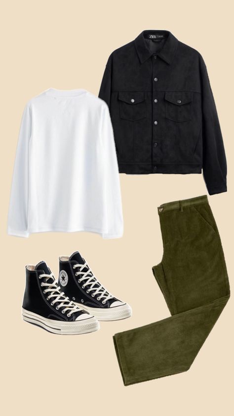 Green corduroy pants, black Converse Chuck 70’s, white long sleeve t-shirt, black suede jacket Zara Black Converse Chuck 70, Corduroy Pants Black, Green Corduroy Pants, Corduroy Pants Outfit, Black Suede Jacket, Classy Outfits Men, Green Corduroy, Black Converse, Converse Chuck 70