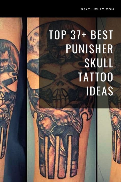 The Punisher, Frank Castle, has proven to be a controversial comic book/television character, and in some ways the skull icon representing his character is even more divisive, despite being an amazing image. #nextluxury #punisherskulltattoos #skulltattoodesign #tattoosformen #skulltattooideas The Punisher Tattoo, Skull Tattoo Design For Men, Punisher Skull Tattoo, The Punisher Frank Castle, Punisher Frank Castle, Punisher Tattoo, Skull Tattoo Ideas, Skull Icon, Frank Castle