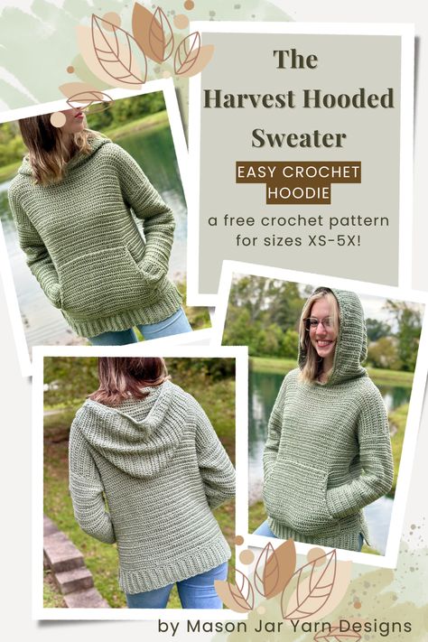 EASY CROCHET HOODIE AVAILABLE IN SIZES XS-5X!! Get ready for cozy fall vibes with the Harvest Hooded Sweater, an easy beginner-friendly crochet hoodie! This comfortable, relaxed-fit hooded sweater is perfect for your favorite cool-weather activities or snuggling indoors in front of the fire. Crochet Hoodie Pattern Free, Crochet Hoodie Pattern, Hooded Sweater Pattern, Crochet Hoodies, Crocheted Sweaters, Plant Crochet, Crochet Garments, Crochet Dreams, Knitting Embroidery