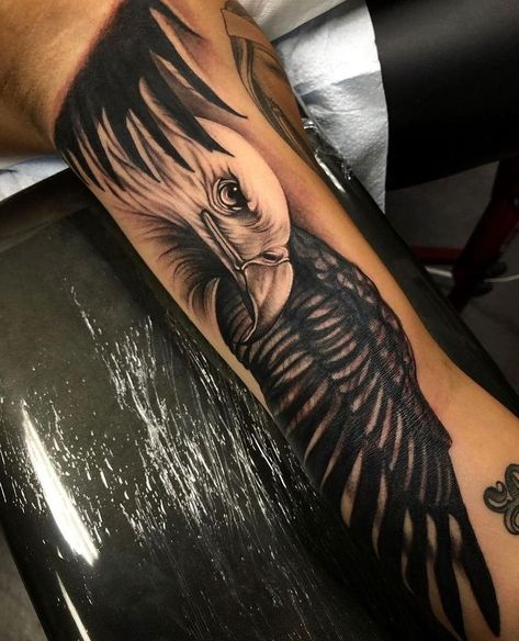 Eagle Forearm Tattoo. Eagle Eyes Tattoo, Eagle Face Tattoo, Eagle Forearm Tattoo, Eagle Tattoo Forearm, Eagle Tattoo Ideas, Tattoos Eagle, Black Eagle Tattoo, Inside Bicep Tattoo, Small Eagle Tattoo