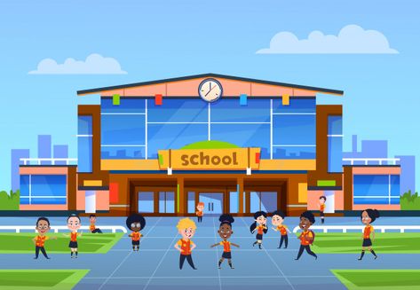 Children at school building. cartoon kids in uniformy play in yard in front of college. back to school, education | Premium Vector Building Cartoon, Education Vector, Kids Yard, Hotel Landscape, Kids Going To School, Playground Areas, School Entrance, College Education, School Cartoon