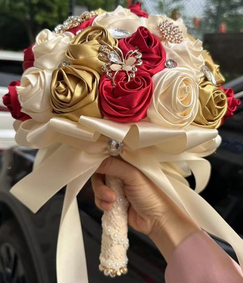 PRICES MAY VARY. Our bouquets have 4 sizes for different customer needs. They are, by diameter, 5.9", 7.1", 8.3" and 9.4". Recommend 5.9 inch mini bouquets for flower girls or toss use, 7.1 inch small bouquets for bridesmaids and 8.3 inch or 9.4 inch big bouquets for the bride Made of soft silky satin fabric cloth, crystal rhinestones, alloy and artificial gems and pearls, beautiful and sturdy; flower corolla decorated with vintage and quaint platinum/silver white jeweled brooches and baubles; h Red And Gold Ramo, Red White And Gold Wedding Bouquet, Red And Gold Bouquet Quince, Red And Gold Flower Bouquet, Quince Ramos Red, Red Quinceanera Decor, White Gold And Red Wedding, Red And White Wedding Decorations, Quince Bouquet