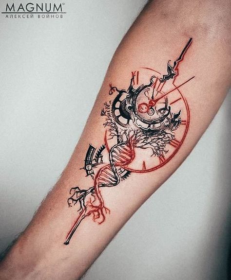 Trash Polka Clock, Dna Tattoo, Trash Polka Tattoo, Clock Tattoo, Trash Polka, Tree Tattoo, Dreamcatcher Tattoo, Future Tattoos, Watercolor Tattoo