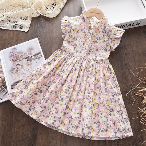 Girl Frock Design Cotton, فستان زهري, Princess Costume Kids, Kids Summer Dresses, Girls Holiday Dresses, Girls Casual Dresses, Ruffle Trim Dress