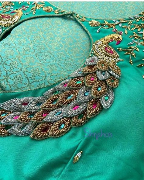 Peacock Blouse Designs, Magam Work Designs, Peacock Embroidery Designs, Patch Work Blouse Designs, Latest Bridal Blouse Designs, Boat Neck Blouse Design, Maggam Work Designs, Birds Embroidery Designs, Latest Model Blouse Designs