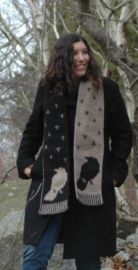 Raven Knitting Pattern, Crow Knitting Pattern, Double Knit Scarf Pattern Free, Gothic Knitting Patterns Free, Raven Crochet Pattern, Six Of Crows Crochet, Alternative Knitting Patterns, Alt Knitting Patterns, Double Knit Scarf Pattern