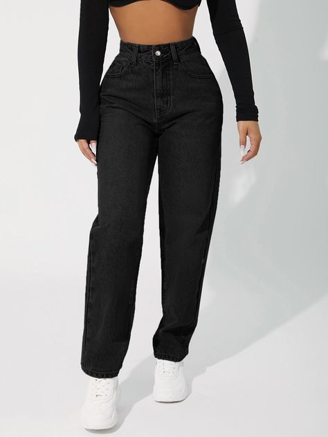 Black    Denim Plain Tapered/Carrot Embellished Non-Stretch  Women Denim Shein Black Jeans, Jean Mom Noir, Jeans Noir Outfit, Pantalones Mom Jeans, Pantalones Mom, Black Denim Jeans Outfit, Black Mom Jeans Outfit, High Waist Black Jeans, Mom Jeans Outfit Black