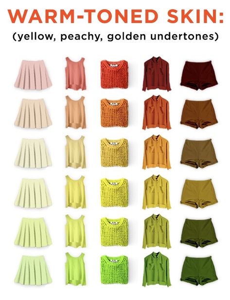 Colour Jeans Outfit, Warm Undertone Clothes, Tan Skin Outfit, Skin Tone Dress Color, Skin Colour Clothes, Warm Skin Tone Colors, Yellow Undertone Skin, Skin Tone Chart, Skin Tone Dress