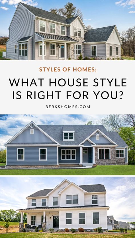 Craftsman, Ranch, Farmhouse, or Colonial? Check out the House Style Guide from Berks Homes to learn which exterior design style you prefer for your new home construction. We're sharing the common features of the most popular styles of houses and design, plus ways to incorporate personalized style into your new home build! House Styles Exterior, Types Of Houses Styles, Styles Of Homes, New Home Build, Ranch Farmhouse, Craftsman Ranch, Home Styles Exterior, What House, Home Building Tips