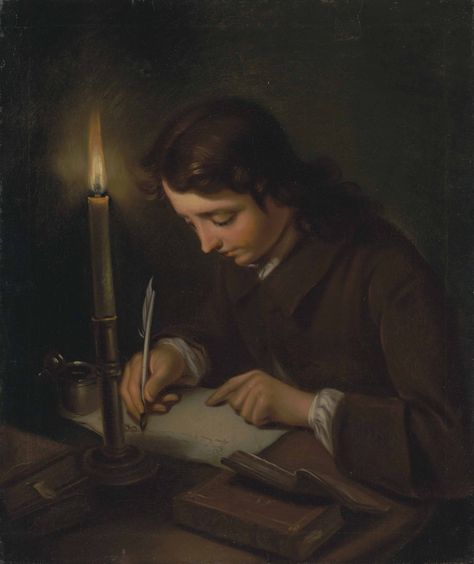 French School, 18th Century | A boy writing by candlelight | Christie's 18th Century Aesthetic Dark, 19 Century Aesthetic, Dark Academia Pictures, Dark Academia Literature, 18th Century Aesthetic, Victorian Era Aesthetic, Dark Academia Painting, 19th Century Aesthetic, Dark Academia Art