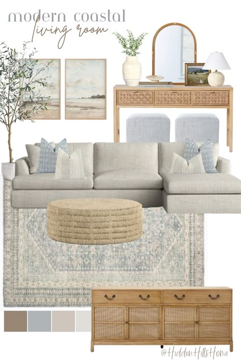 Organic coastal living room decor mood board with blue and tan tones Farmhouse Living Room Blue Sofa, Non Tv Living Room, Neutral Beach Apartment, Light Blue Coastal Living Room, Coastal Living Rooms Blue Sofa, Coastal Design Living Room, Transitional Coastal Living Room, Living Room Designs Blue And Gray, Warm Coastal Living Room