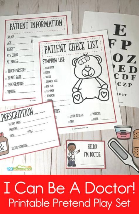 Kids will feel official and play for hours when you add these super CUTE (and free) Doctor Pretend Play Printables to their pretend play! 8-page set to encourage creativity in toddlers, preschoolers, prek, kindergartners, and grade 1. Dramatic Play Printables Free, Feelings Activities For Kids, Doctor Printable, Community Helpers For Kids, Community Helpers Printables, Kids Doctor Kit, Pretend Play Printables, Play Printables, Dramatic Play Printables