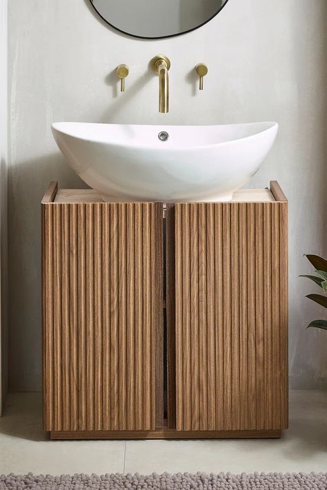 Dark Natural Rib Under Sink Storage Unit Under Pedestal Sink Storage, Sink Measurements, Small Bathroom Sink Cabinet, Under Sink Shelves, Bathroom Under Sink Storage, Under Sink Storage Unit, Under Bathroom Sink, Bathroom Under Sink, Bathroom Sink Units