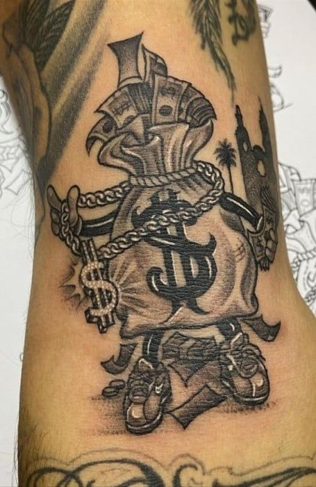 Money Tattoo Designs, Money Tattoos, Forearm Tats, Money Bag Tattoo, Bag Tattoo, Gangsta Tattoos, Money Tattoo, Hand Tats, Tattoo Inspiration Men