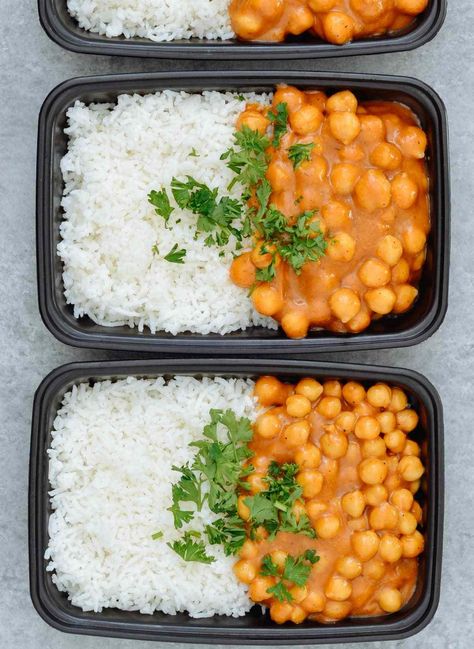 Vegan Chickpea Curry & Basmati Rice is our fast, easy and healthy take on a very popular recipe, curry. Loaded with plant-based protein and fiber from chickpeas, a flavorful curry sauce that is made with only 5-ingredients and then served over soft and fluffy aromatic basmati rice. Vegan. Gluten Free. Rice Meal Prep, Vegan Chickpea Curry, Lunch Meals, Meal Prep On Fleek, Vegan Chickpea, Vegetarian Meal Prep, Rice And Beans, Protein Diet, Chickpea Curry