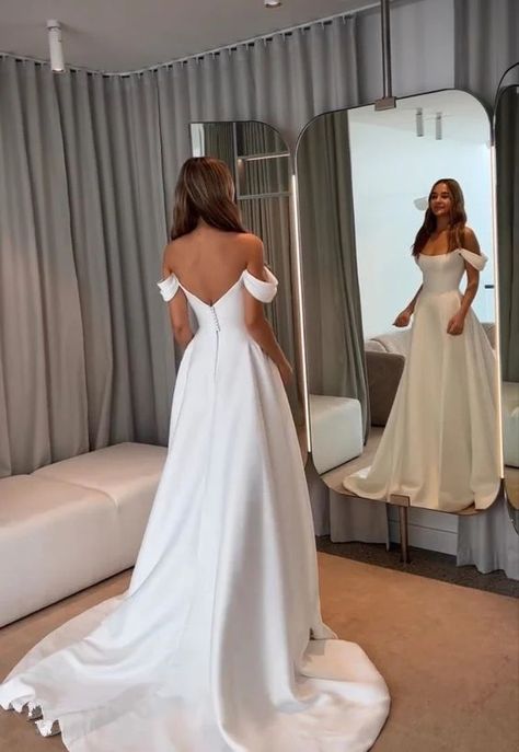 Wedding Dress A Line Corset, Elegant Satin Wedding Dress Ball Gown, Wedding Dress Length Guide, Classy Wedding Dresses Elegant, Wedding Dresses No Lace, Off The Shoulder A Line Wedding Dress, Wedding Dresses Old Money, Wedding Dresses Simple Elegant Classy, Simple Timeless Wedding Dress