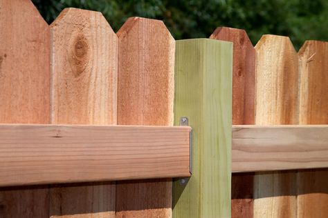 Wood Fence Installation, Bamboo Fencing, Wooden Fence Posts, Home Fencing, Fence Installation, Yard Fence, Rail Bracket, Fencing Ideas, Landscaping Simple