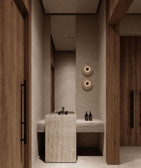 Wabi Sabi Interior Design Bathroom, Wabi Sabi Restroom, Bathroom Guest Ideas, Japandi Guest Bathroom, Wabi Sabi Minimalism, Wabi Sabi Bathroom Design, Wabi Sabi Vanity, Wabi Sabi Interior Bathroom, Guest Bathroom Interior Design