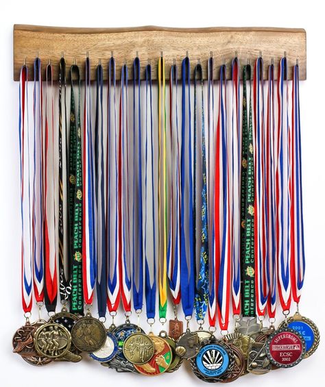 Display Metals And Ribbons, Display Race Metals, Track Metal Display, Ribbon And Medal Display Ideas, Wooden Medal Holder, Race Medal Display Ideas, Ways To Display Medals, Hanging Medals Ideas, Medal Display Ideas Diy