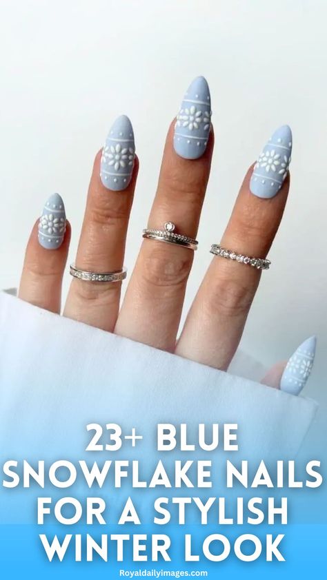 Winter Blue Snowflake Nails Snowflake Nails Coffin, Snowflake Nail Art Designs, Snowy Christmas Nails, Snowflake Blue Nails, Light Blue Christmas Nails Winter, Blue And White Nails Christmas, Snow Nails Short, Winter Light Blue Nails, Blue Christmas Nail Art