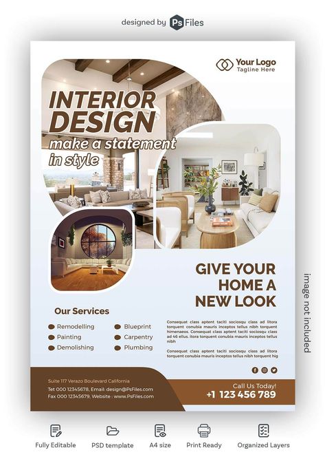 Interior Design Business Free Flyer PSD Template - PsFiles Flyer Design For Interior Design, Interior Design Logo Ideas Graphics, Logo Templates Design Layout, Flyer Design Layout Templates, Psd Free Photoshop Templates, Flyers Design Layout, Interior Flyer Design, Flyer Template Design Layout, Interior Design Typography