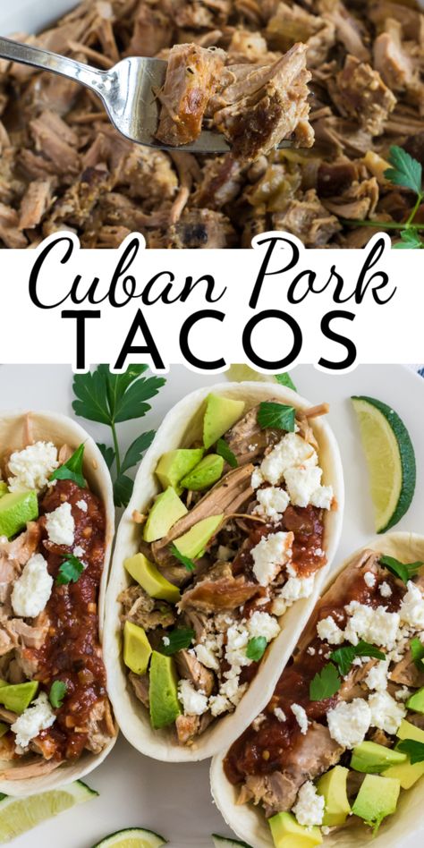 Cuban Pork Tacos are an easy weeknight dinner! They are absolutely delicious, perfectly cooked, and a fun mix up for those regular Taco Tuesdays. via @nmburk Shredded Pork Tacos, Taco Recipes Mexican, Taco Tuesday Recipes, Cuban Pork, Gourmet Tacos, South American Recipes, Grill Food, Mexican Meals, Crock Pot Tacos