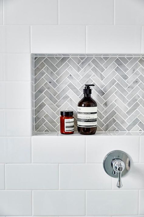 Another niche idea. White subway tiles frame a gray marble herringbone tiled shower niche. Tile Shower Niche, Marble Herringbone, White Subway Tiles, Bad Inspiration, Tiny House Bathroom, Shower Niche, Subway Tiles, Hus Inspiration, Laundry In Bathroom