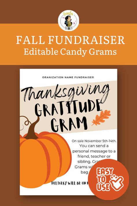 Looking for a unique way to celebrate Thanksgiving? Try our Thanksgiving Candy Gram Template! Easy to edit on Canva, and perfect for your fall fundraising events. Make your Gratitude Grams a hit with family and friends. Check out my shop for more designs! Gobble Grams, Thanksgiving Fundraiser, Fall Fundraiser Ideas, Thanksgiving Candy, Thanksgiving Gratitude, Candy Grams, Fundraiser Flyer, Yearbook Ideas, Pumpkin Candy